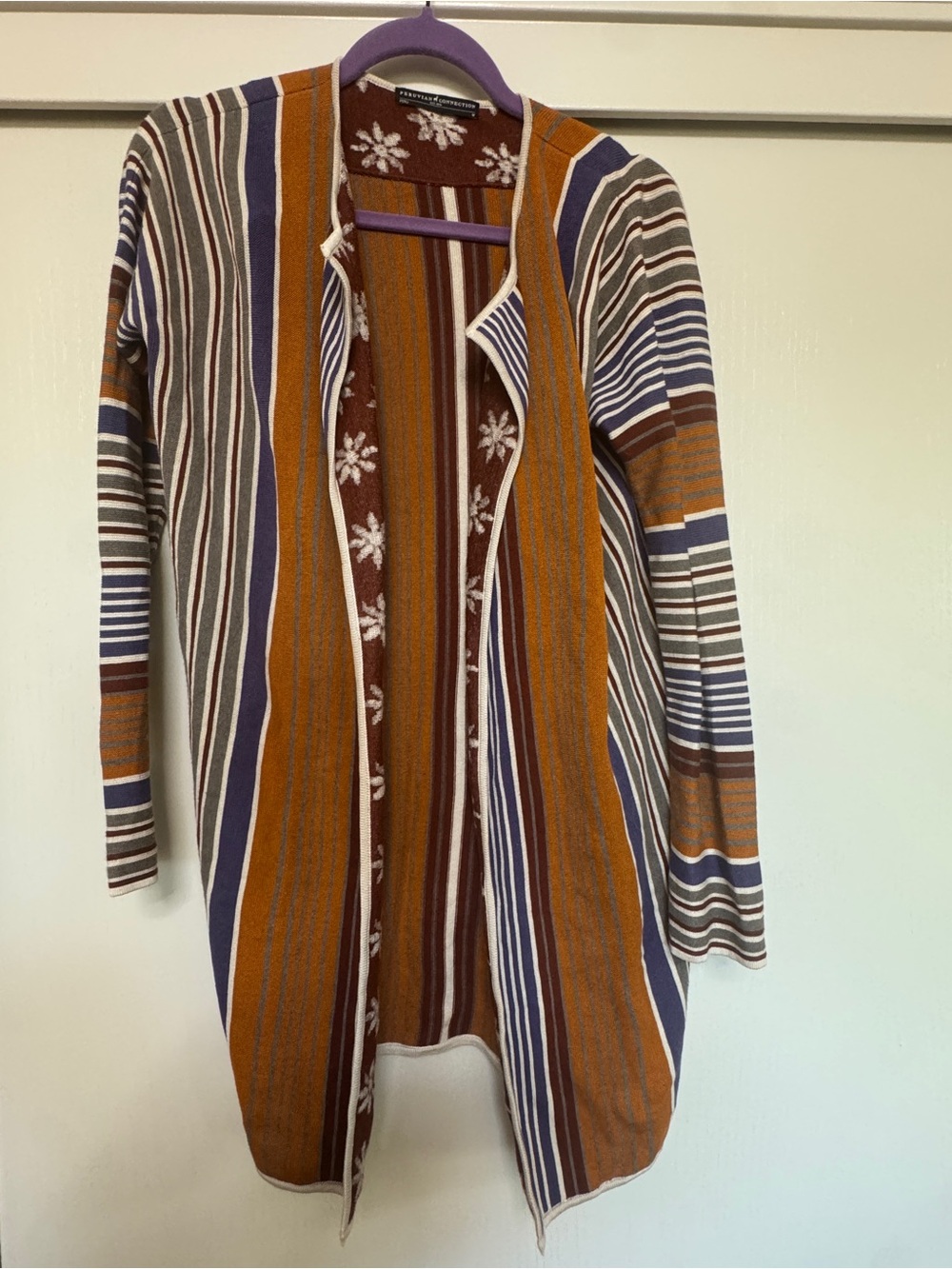 Peruvian Connection Striped Open-Front Cardigan in Rust, Navy, Cream
